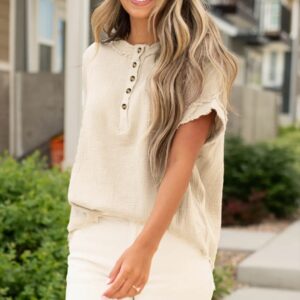Parchment Crinkle Textured Frayed Trim Half Button Short Sleeve Top