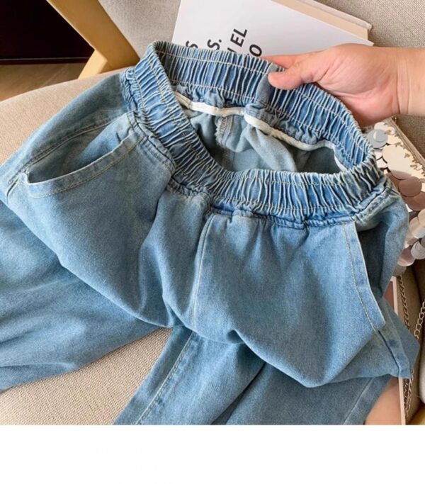 Sweet Style Elastic Waist Splicing Lace Lace Hollow Denim Nine-point Pants For Women - Image 3