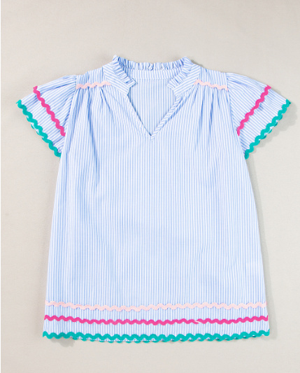 Sky Blue Stripe Ricrac Trim Split Neck Striped Ruffled Sleeve Blouse - Image 3