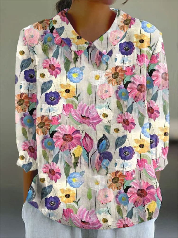 Ladies Flower Fashion Personality Polo Collar Top - Image 3