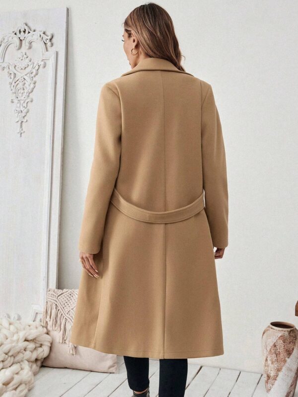 Flat Collar Solid Color Pocket With Belt Long Sleeve Autumn Winter Coat Jacket - Image 3
