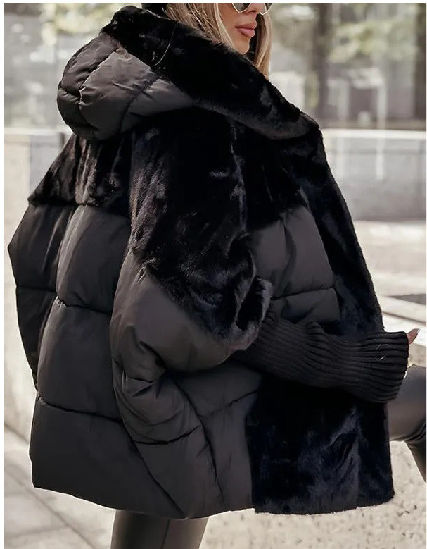 Women's Loose Cotton Coat Faux Fur Patchwork Winter Coat Comfort Chic Long Sleeve Hooded Jacket - Image 6