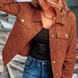 Women's Corduroy Long Sleeve Jacket - Casual Button-Up Coat With Flap Pockets
