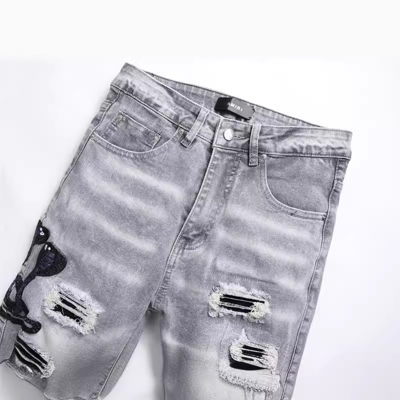 Fashion Gray Hole Patch Embroidery Cobra Stretch Feet Men's Jeans - Image 3