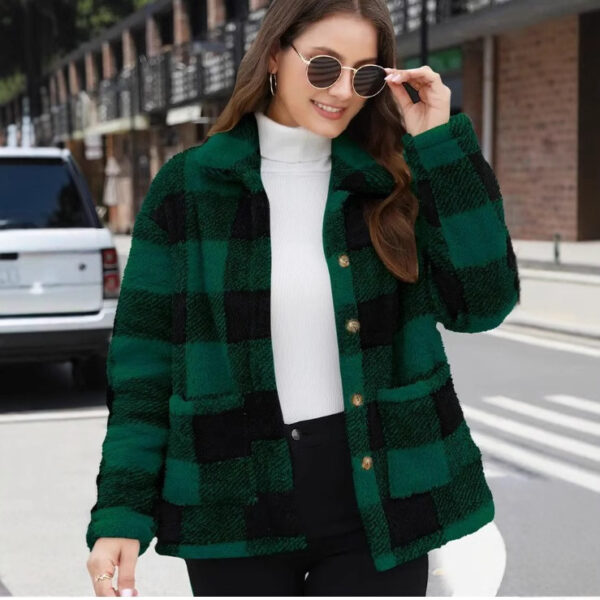 Women's Plaid Plush Long-sleeved Winter Fashion Casual Jacket - Image 5