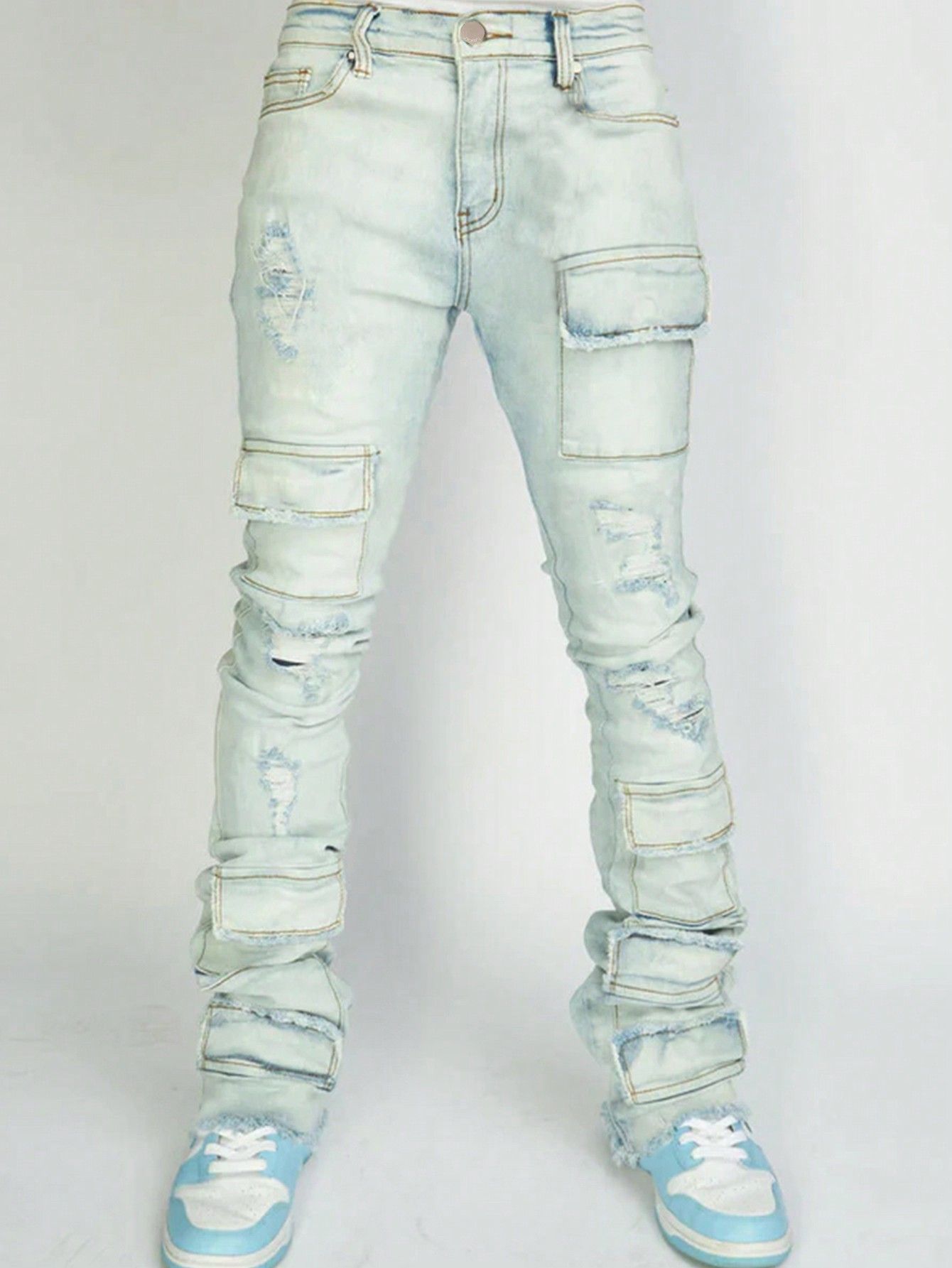 Men's Denim Straight-leg Overalls European And American Fashion Stretch Ripped Laminated Micro-pull Pants - Image 4