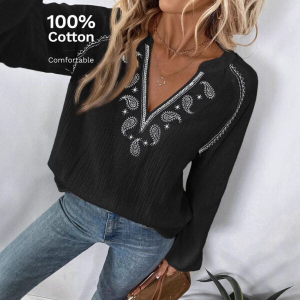 Fashion Design V-neck Embroidery Cotton Top - Image 3