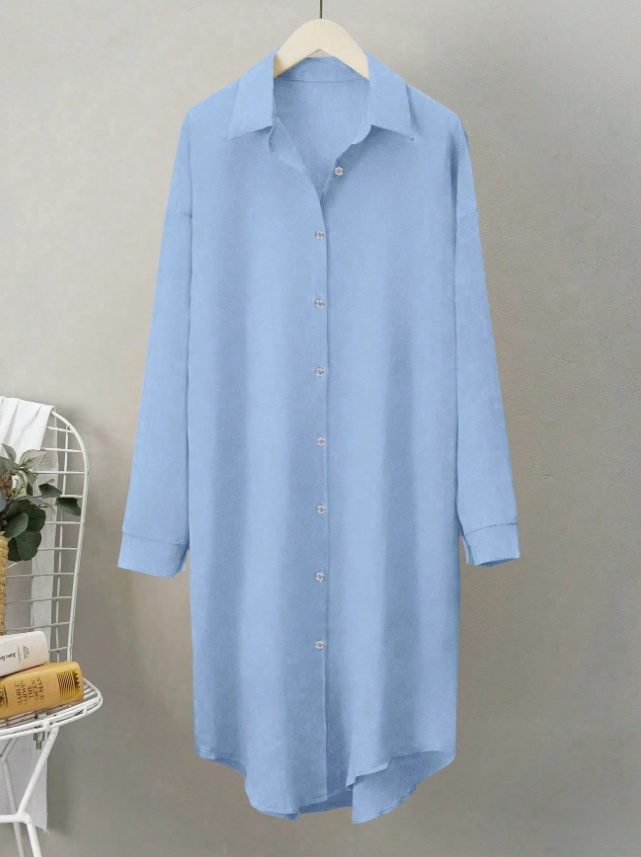 Pleated Long Button Down Dropped Shoulder Women Shirt - Image 2