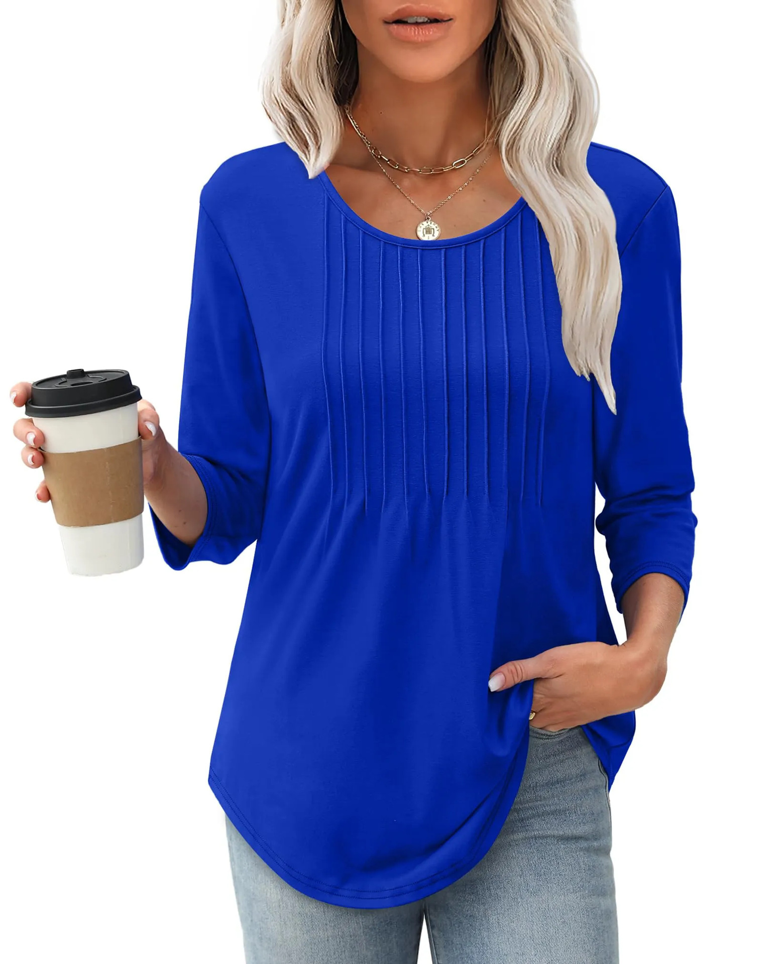 Women's Long Sleeve Top Fashion Casual Pleated Low Round Neck - Image 2