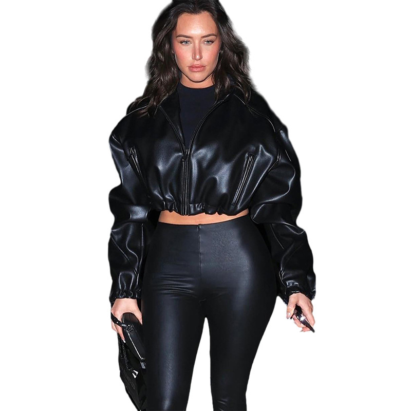 New Women's Clothing Fashion Long Sleeve Zipper Slim Fit Hooded Faux Leather Coat For Women - Image 7