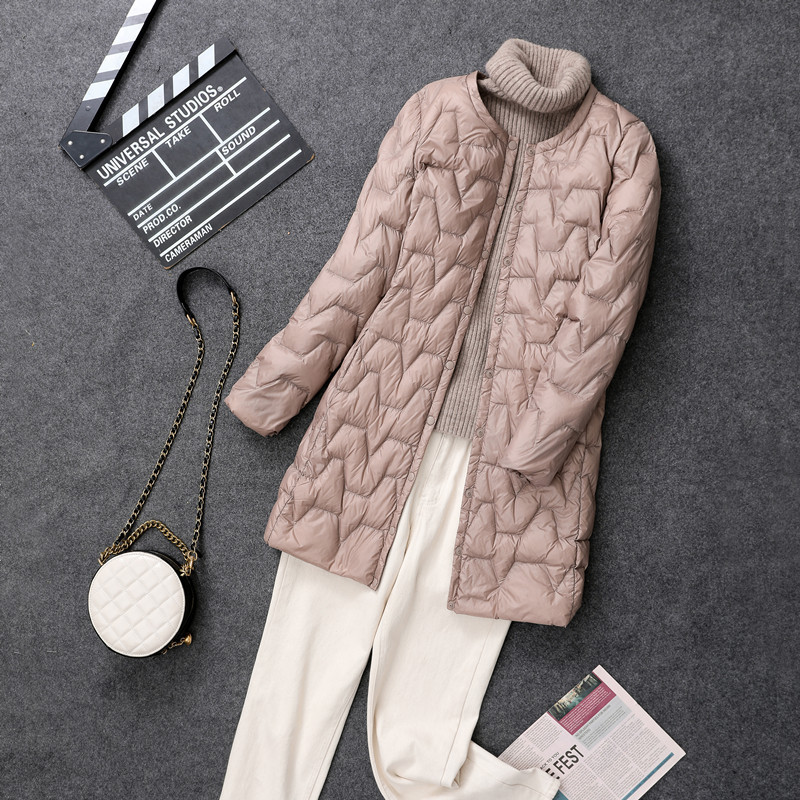 Lightweight Down Jacket Women's Collarless Mid-length Coat With Lightweight Round Neck Liner Slim Fit - Image 4