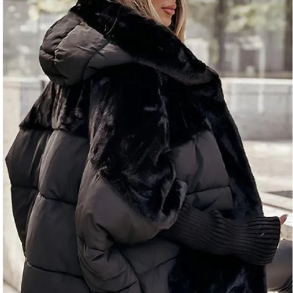 Women's Loose Cotton Coat Faux Fur Patchwork Winter Coat Comfort Chic Long Sleeve Hooded Jacket - Image 3