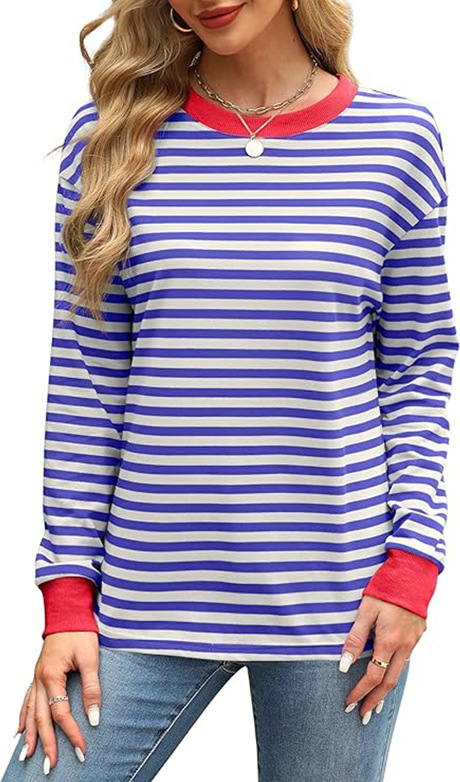 Fashion Color Contrast Loose Round Neck Striped Long Sleeve - Image 9