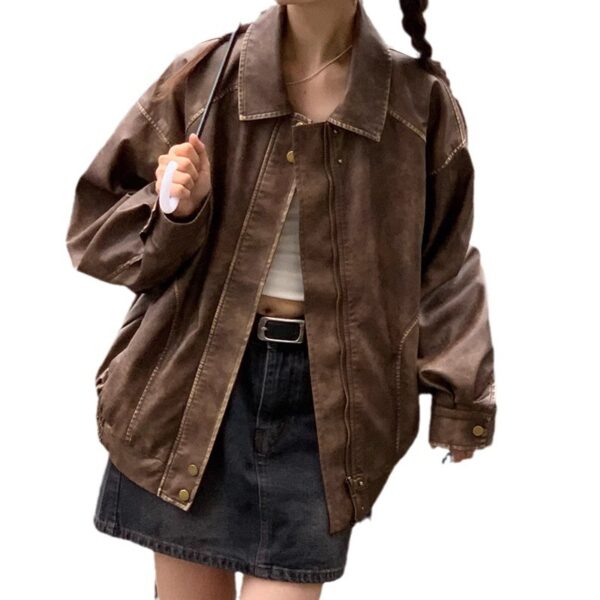 Retro Brushed Vintage Brown Leather Coat For Women Spring And Autumn - Image 6