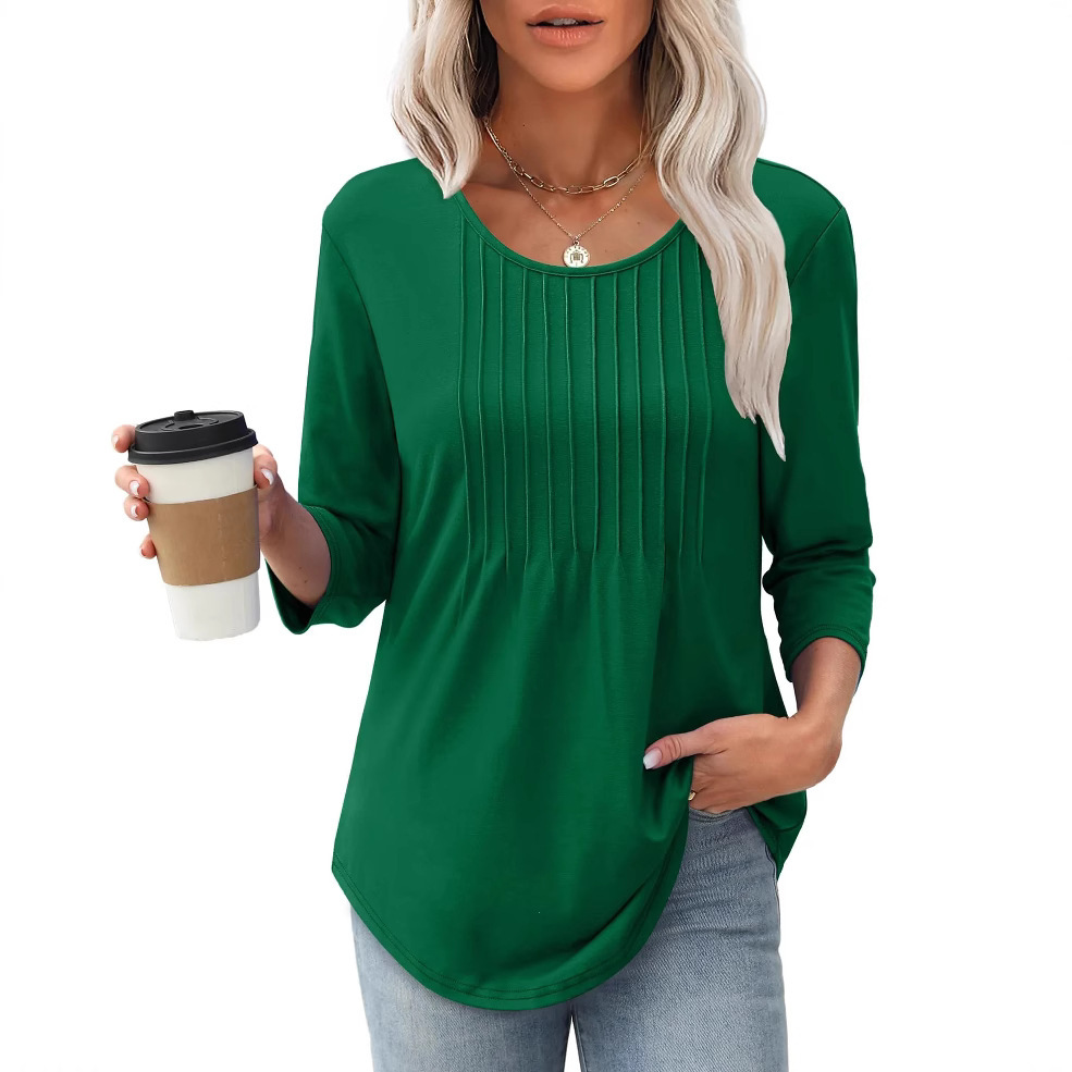 Women's Long Sleeve Top Fashion Casual Pleated Low Round Neck - Image 9