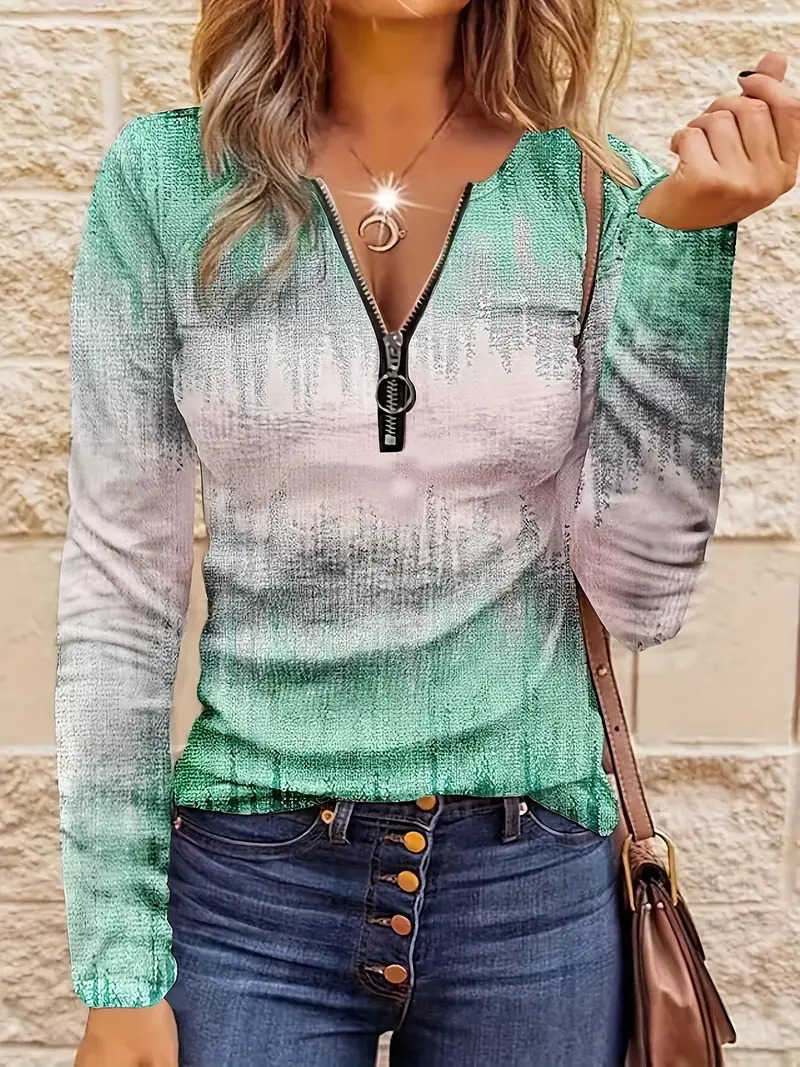 Women's Casual Loose Contrast Striped Half Zipper Top - Image 4