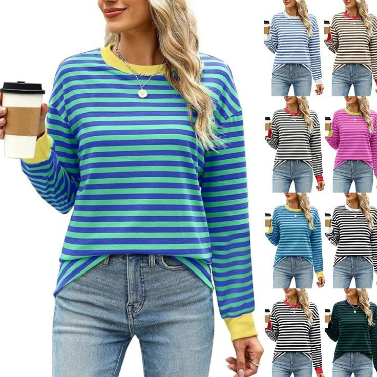 Fashion Color Contrast Loose Round Neck Striped Long Sleeve