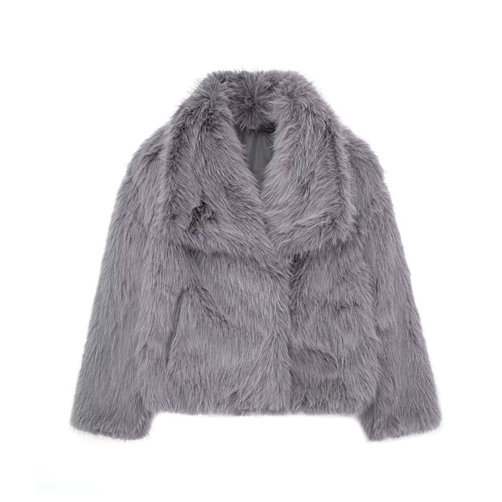 Women's Lapel Long Sleeve Faux Fur Snap Cardigan Loose Short Coat - Image 9