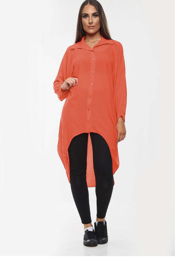 High-Low Oversized Button Long Top Shirt Dress With Hem And Long Sleeves - Image 8