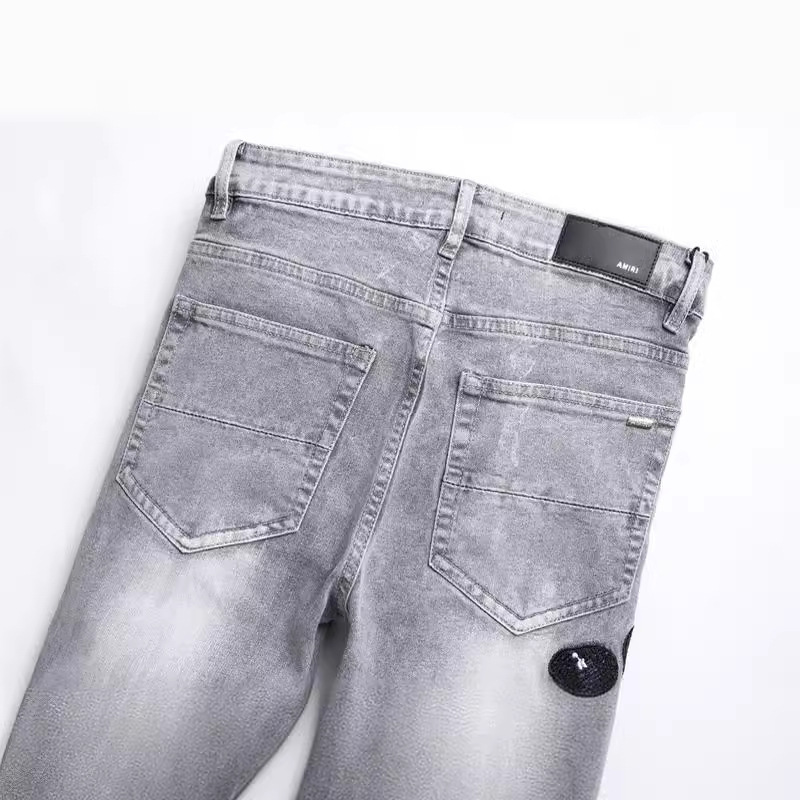 Fashion Gray Hole Patch Embroidery Cobra Stretch Feet Men's Jeans - Image 5
