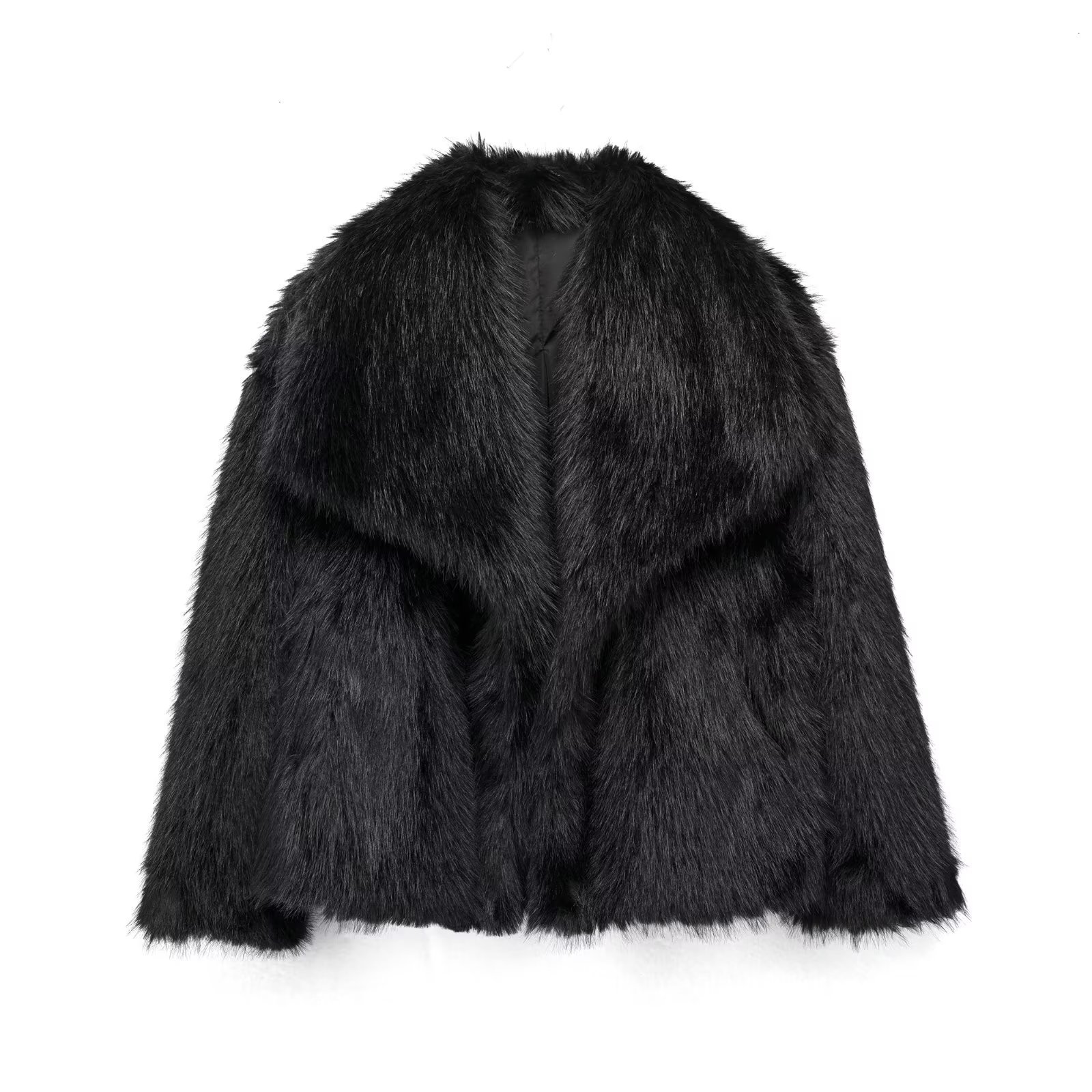 Women's Lapel Long Sleeve Faux Fur Snap Cardigan Loose Short Coat - Image 3