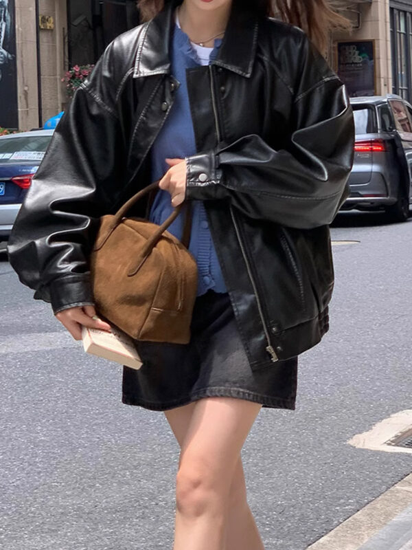 Retro Brushed Vintage Brown Leather Coat For Women Spring And Autumn - Image 7