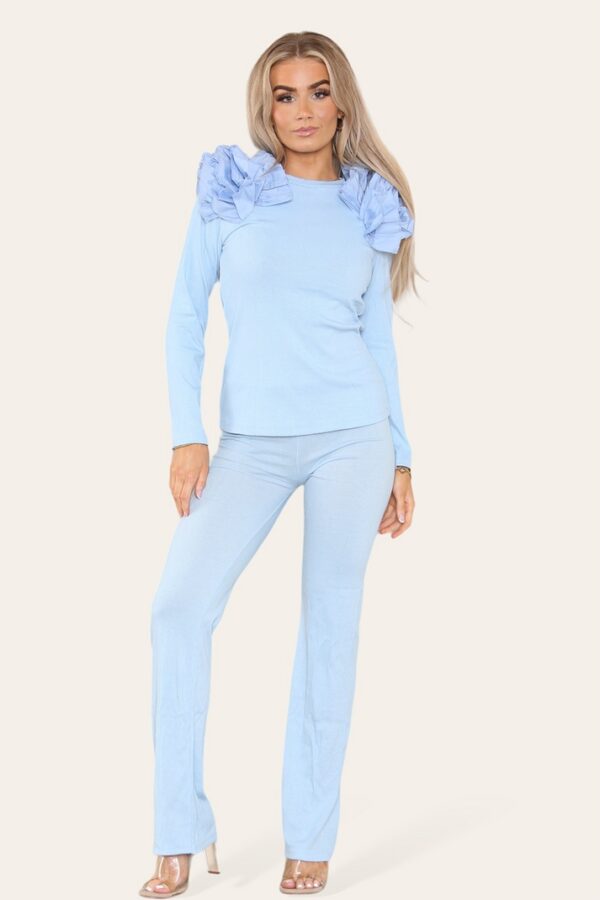 Ruffle Frill Shoulder Ribbed Loungewear Co-Ord Top & Trouser Set - Image 5