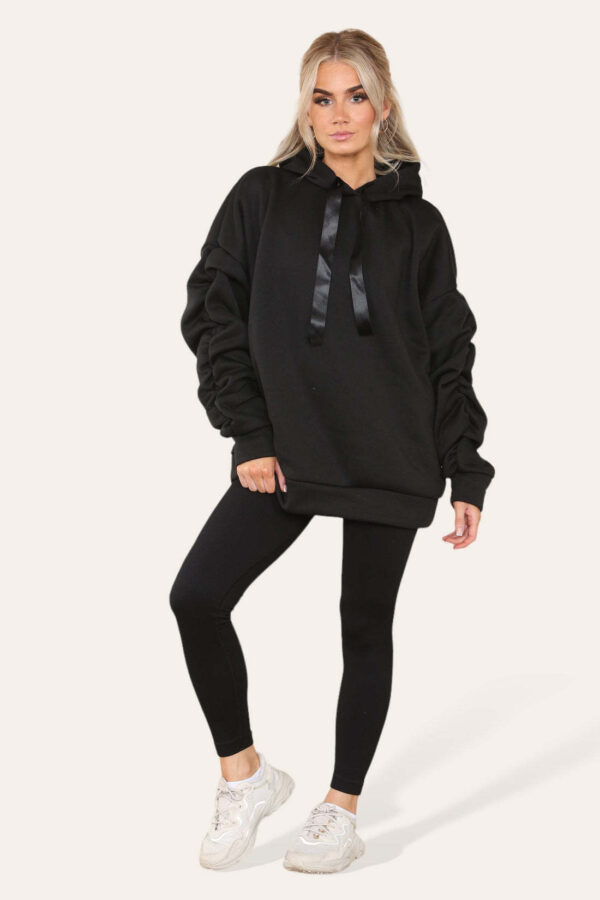 Oversized Ruched Sleeves Hoodie With Satin Ribbon With High Waist High Rise Seamless Ribbed Legging Set - Image 10