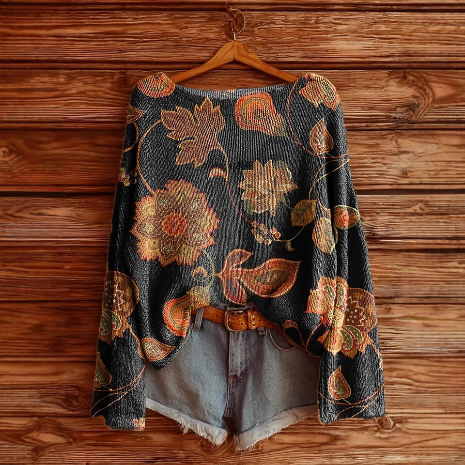 Women's Printed Loose Retro Long-sleeved Brushed Top - Image 5