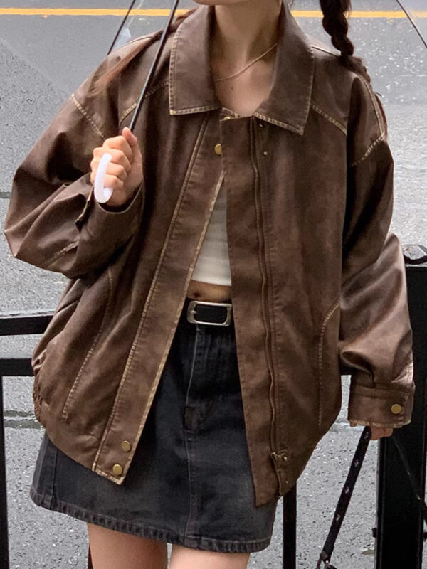 Retro Brushed Vintage Brown Leather Coat For Women Spring And Autumn - Image 10