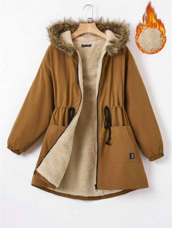 EZwear Drawstring Waist Fuzzy Trim Hooded Thermal Lined Drawstring Waist Coat - Image 5