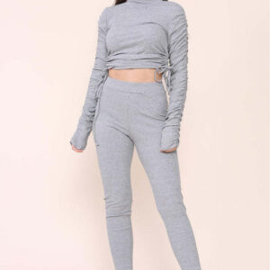 High Neck Ruched Side Arm Solid Drawstrings Ribbed Tee And Leggings Set