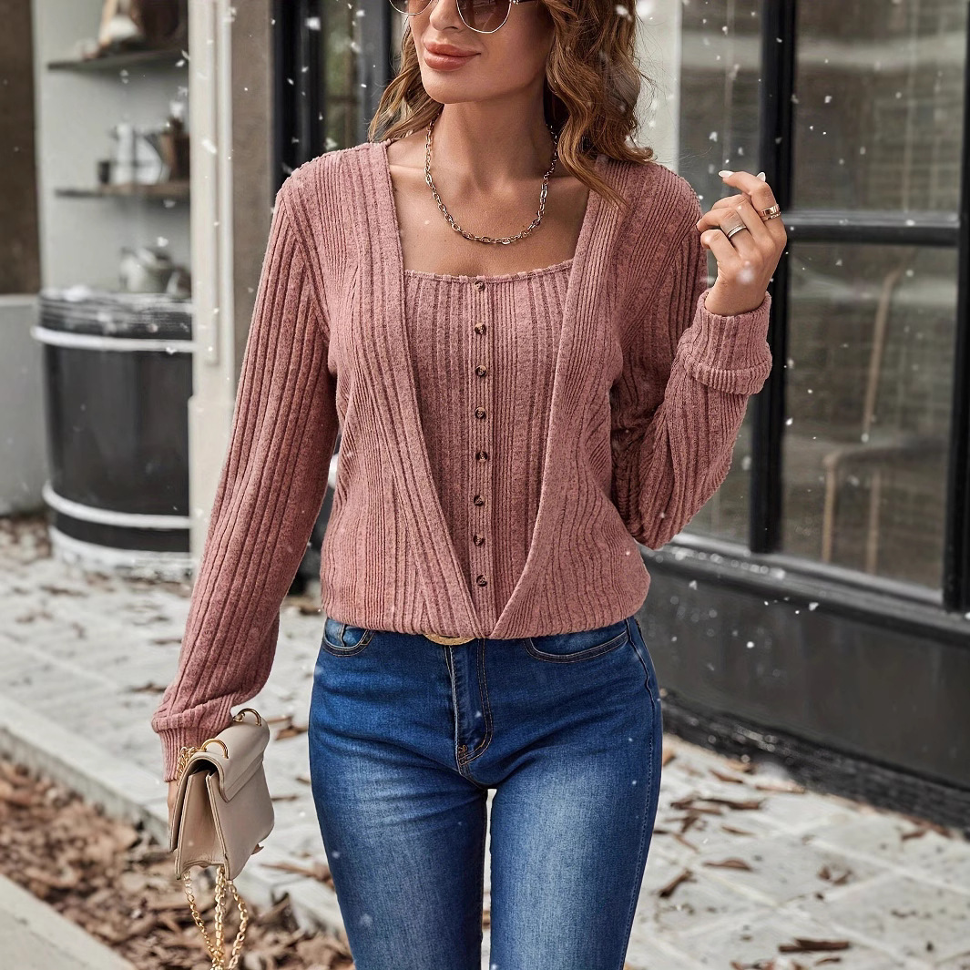 Button Loose Long Sleeve Solid Color Knitted T-shirt - Image 10