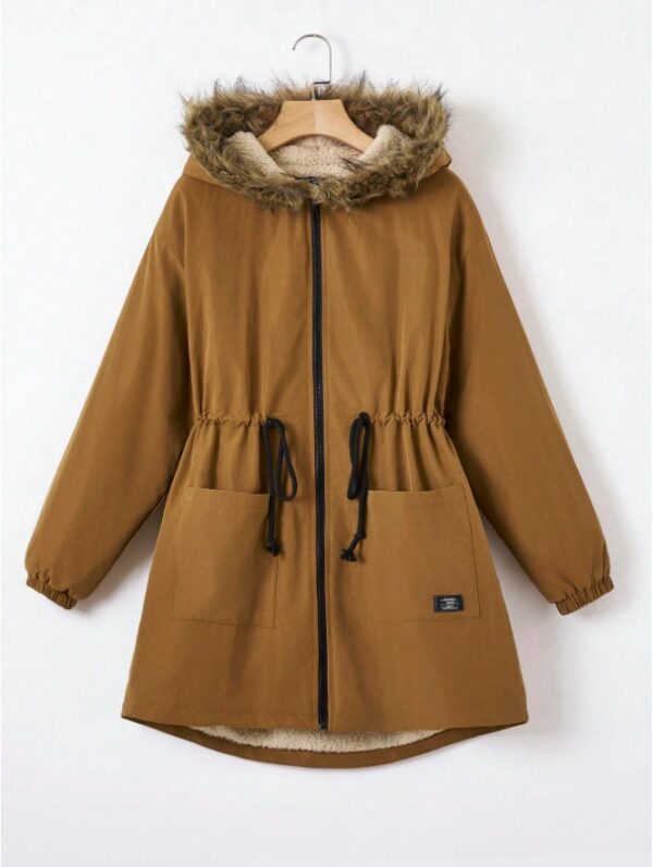 EZwear Drawstring Waist Fuzzy Trim Hooded Thermal Lined Drawstring Waist Coat - Image 6