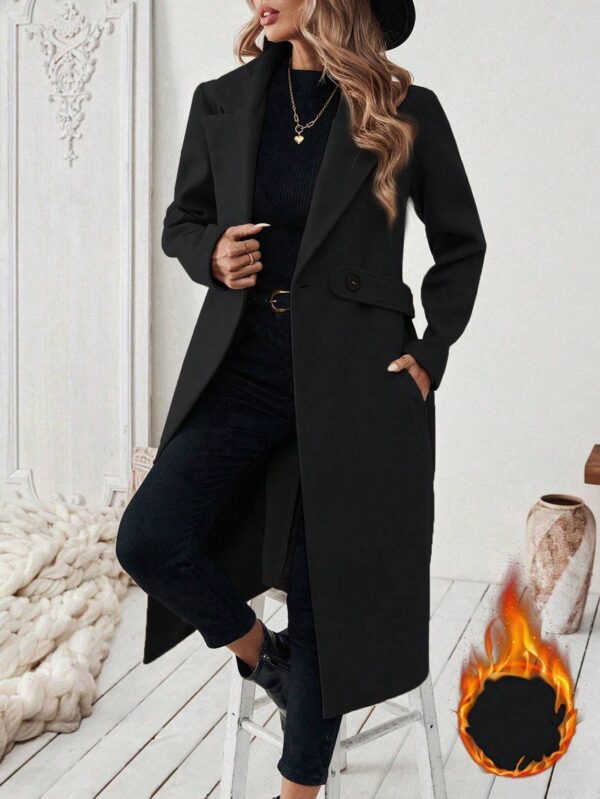 Flat Collar Solid Color Pocket With Belt Long Sleeve Autumn Winter Coat Jacket - Image 2
