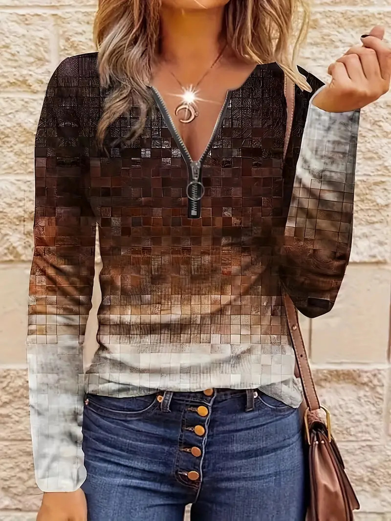 Women's Casual Loose Contrast Striped Half Zipper Top - Image 6