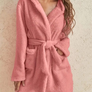 Solid Color Pockets Hooded Teddy Coat, Casual Long Sleeve Faux Fur Belted Outwear, Women's Clothing