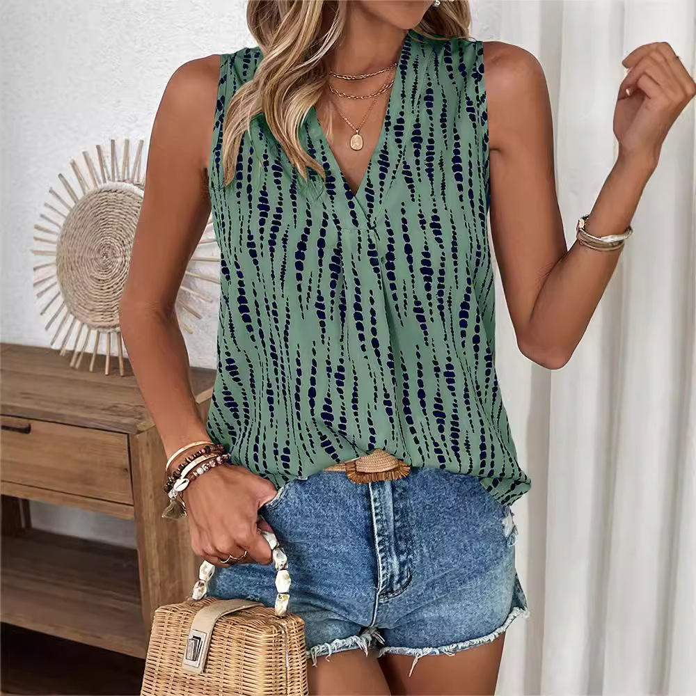 Sleeveless V-neck Printed Blouse Women's Tops - Image 3