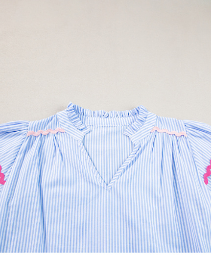 Sky Blue Stripe Ricrac Trim Split Neck Striped Ruffled Sleeve Blouse - Image 4