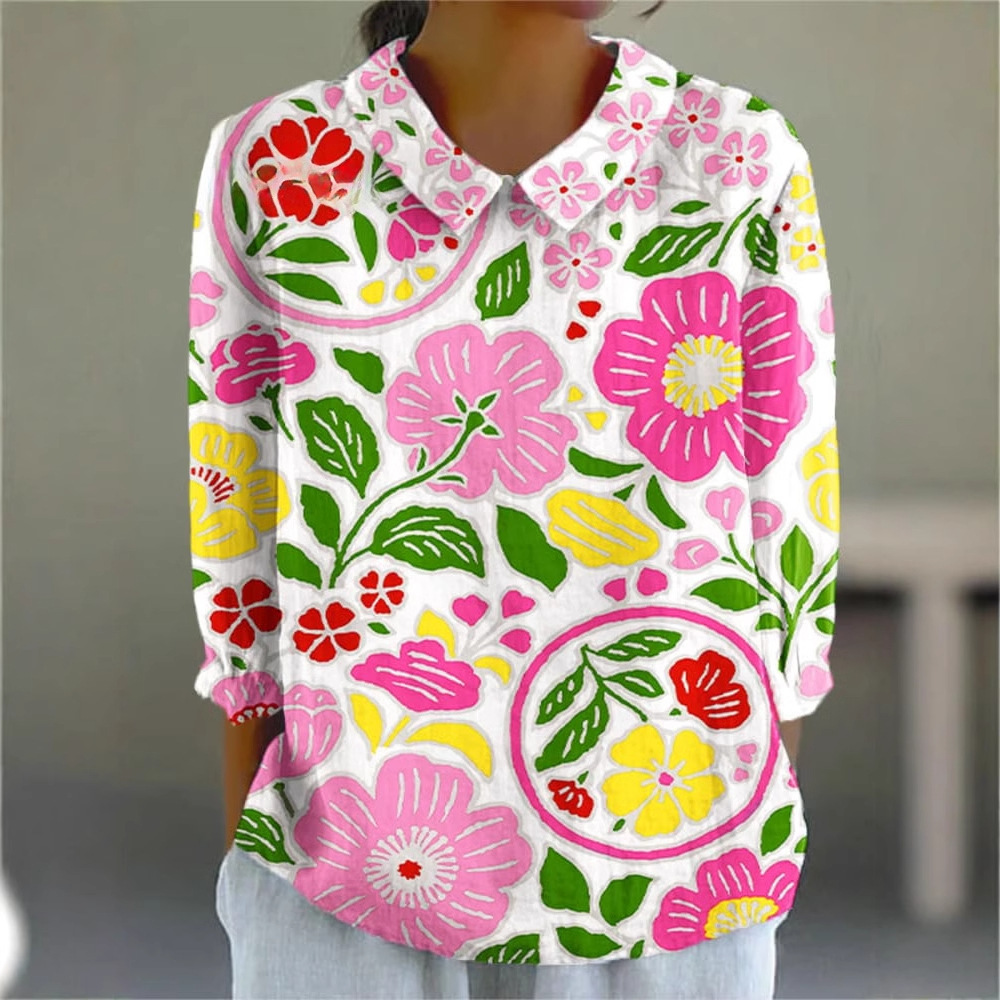 Ladies Flower Fashion Personality Polo Collar Top - Image 7