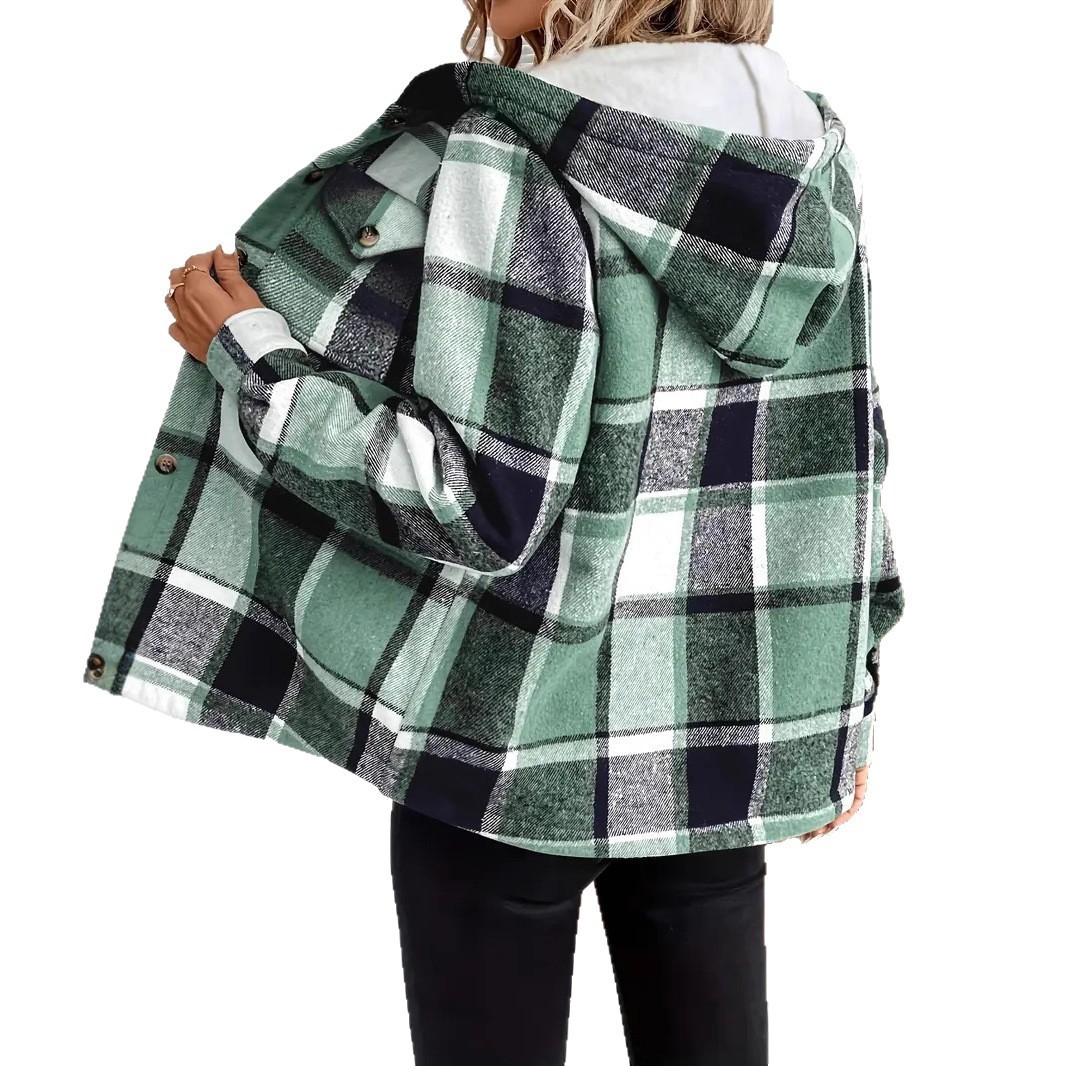 Autumn And Winter Loose Long Sleeve Casual Plaid Hooded Jacket - Image 8