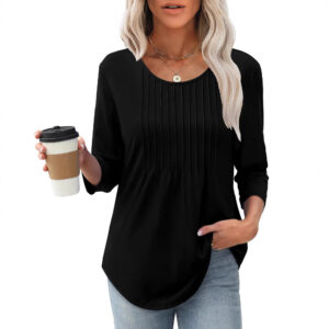 Women's Long Sleeve Top Fashion Casual Pleated Low Round Neck