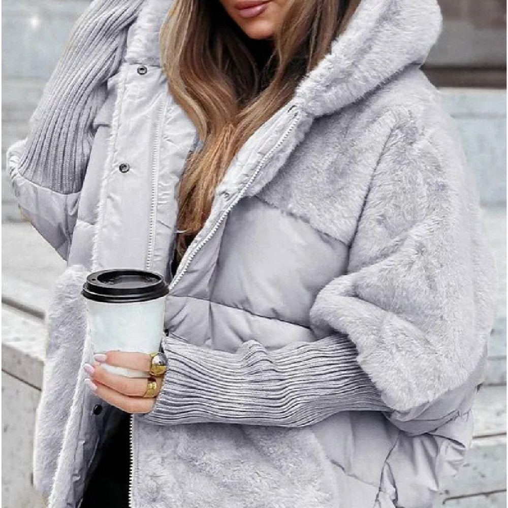 Women's Loose Cotton Coat Faux Fur Patchwork Winter Coat Comfort Chic Long Sleeve Hooded Jacket - Image 4
