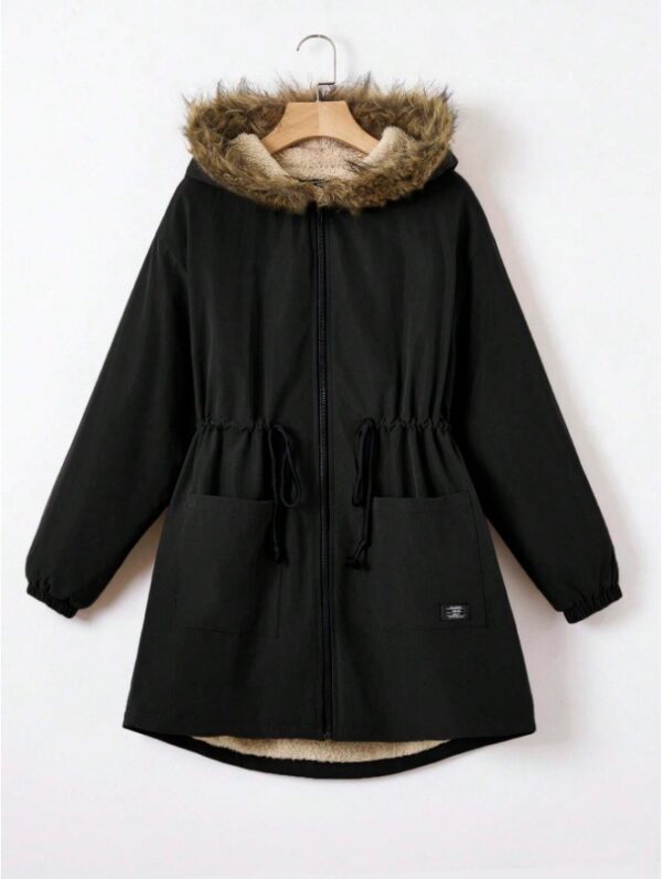 EZwear Drawstring Waist Fuzzy Trim Hooded Thermal Lined Drawstring Waist Coat - Image 3