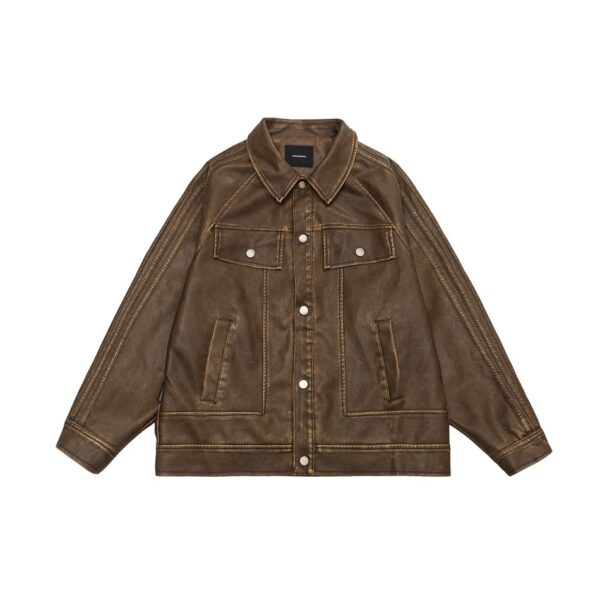 American Retro Distressed Lapel PU Leather For Men And Women Biker's Leather Jacket - Image 2