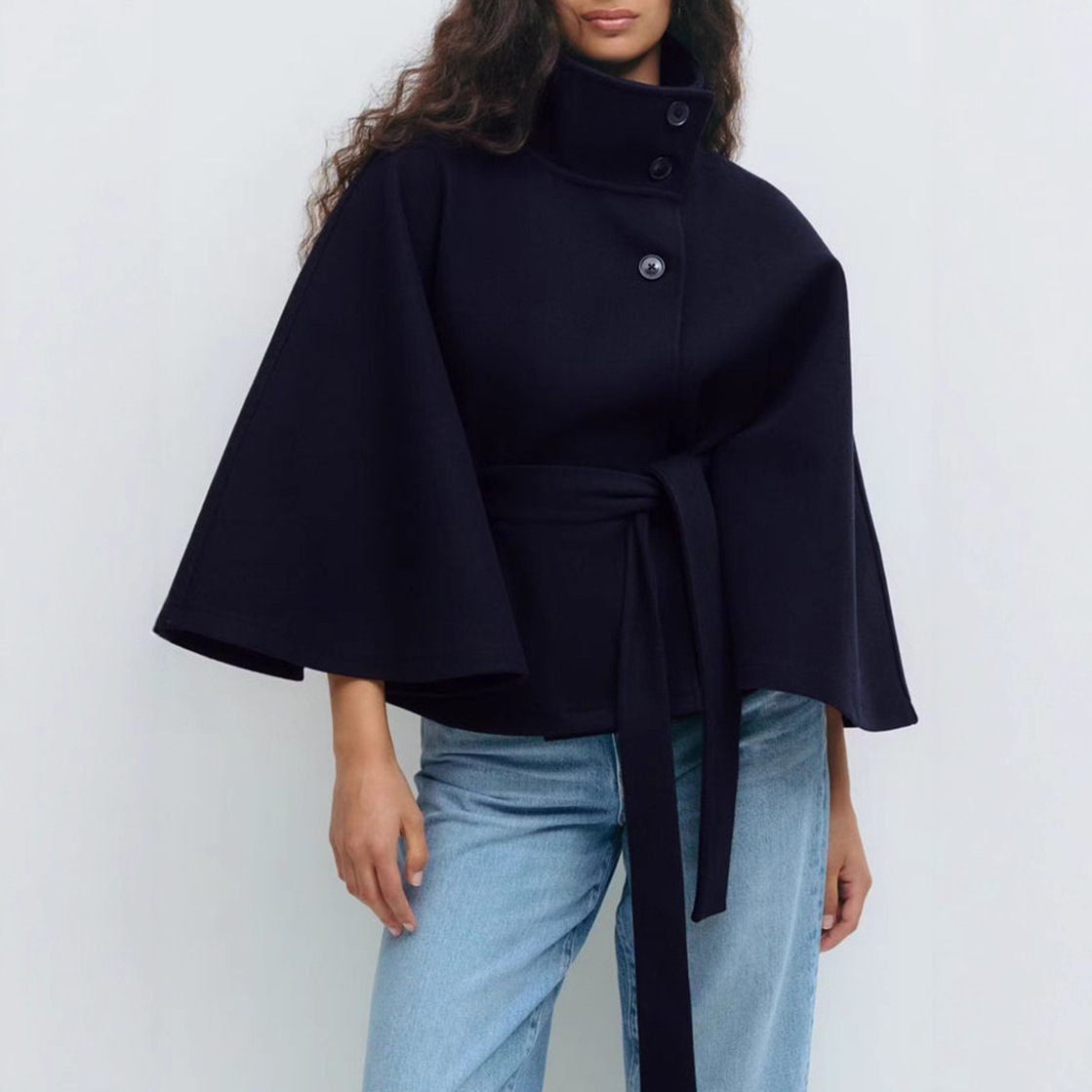 Winter High Neck Batwing Sleeve Coat With Belt Fashion Loose Elegant Button Top Trench Coat For Women Clothing - Image 9