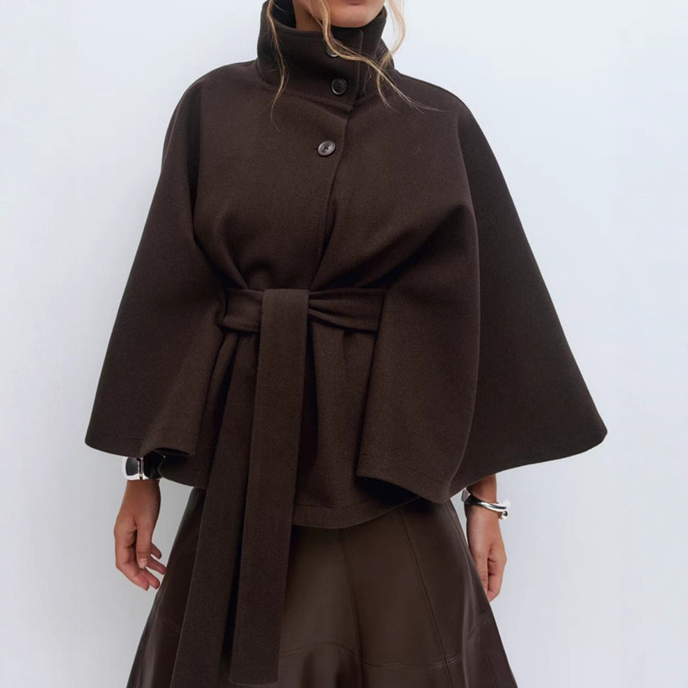 Winter High Neck Batwing Sleeve Coat With Belt Fashion Loose Elegant Button Top Trench Coat For Women Clothing - Image 2