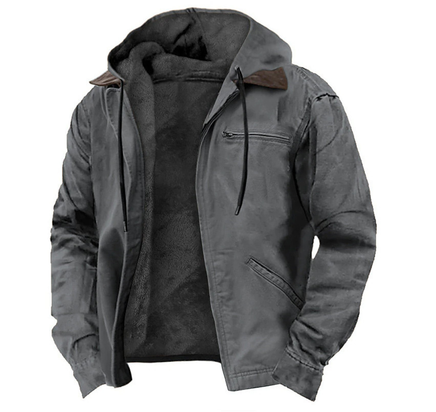 Winter Hooded Coat With Pockets Fashion Warm Fleece Zip-up Jacket Casual Outwear Men's Clothing - Image 5