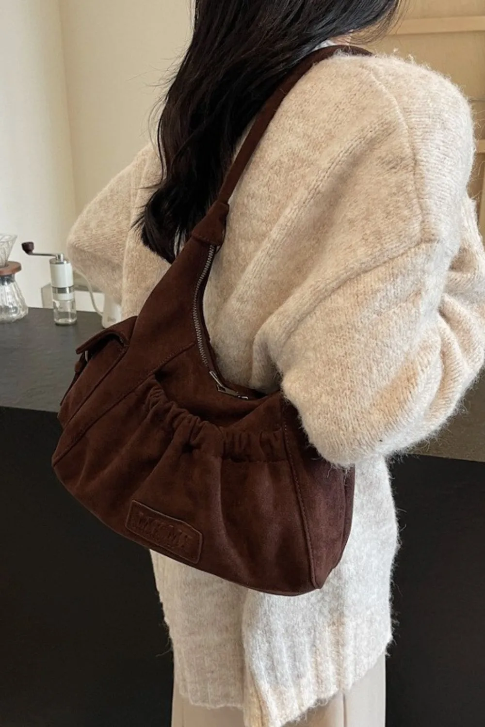 Ruched Suede Handbag with Zipper - Image 10