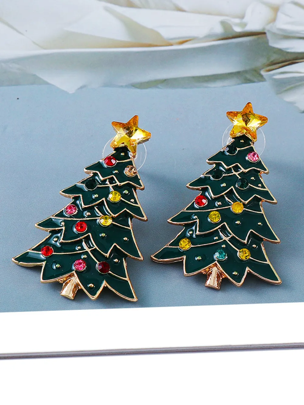 Alloy Inlaid Rhinestone Christmas Tree Earrings - Image 3